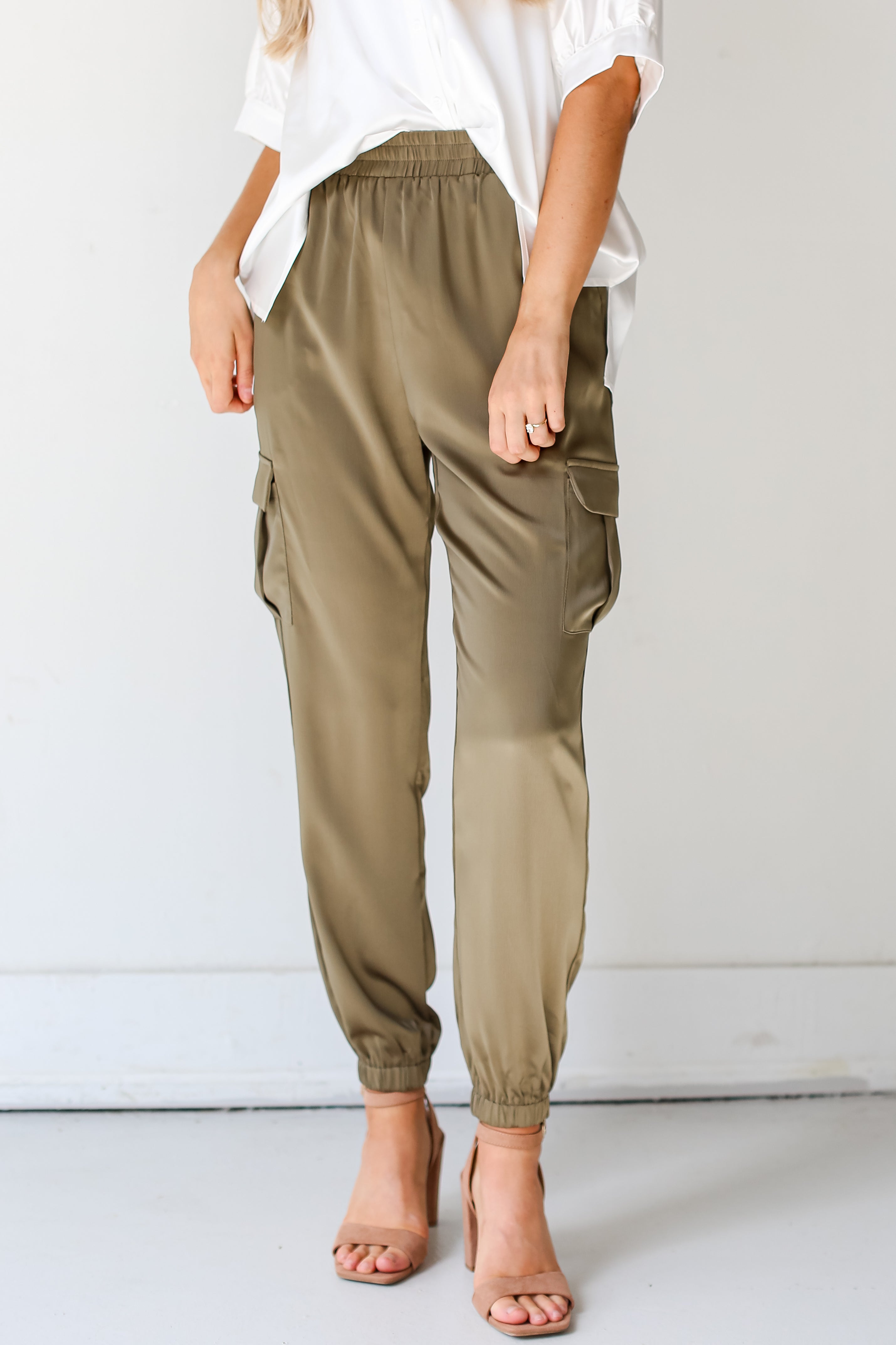 olive Satin Cargo Joggers close up