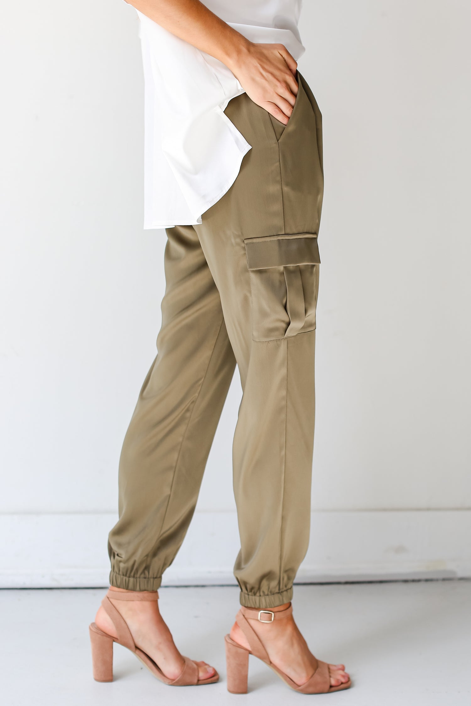 olive Satin Cargo Joggers side view