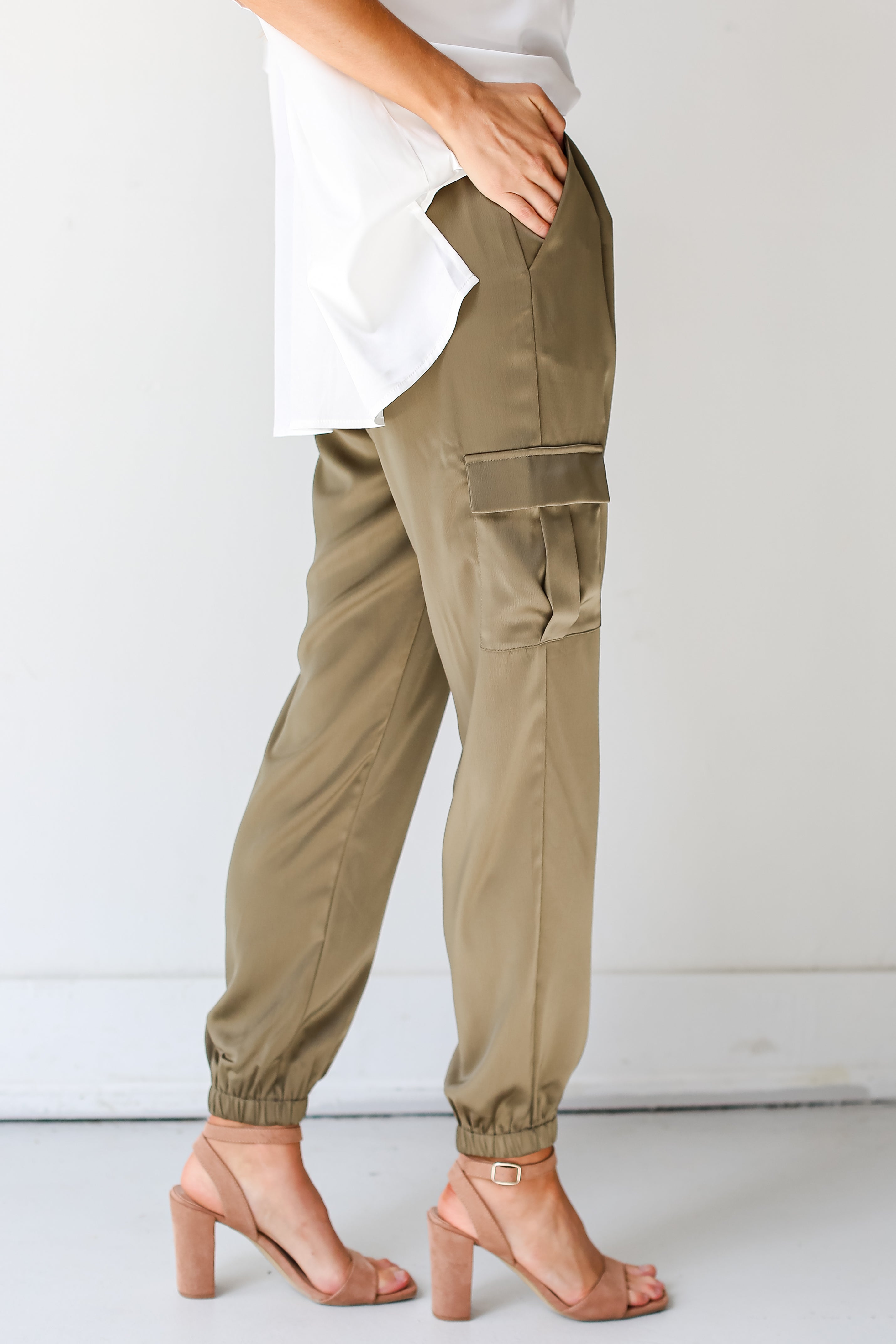 olive Satin Cargo Joggers side view