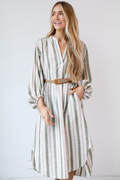 cute Olive Striped Midi Dress