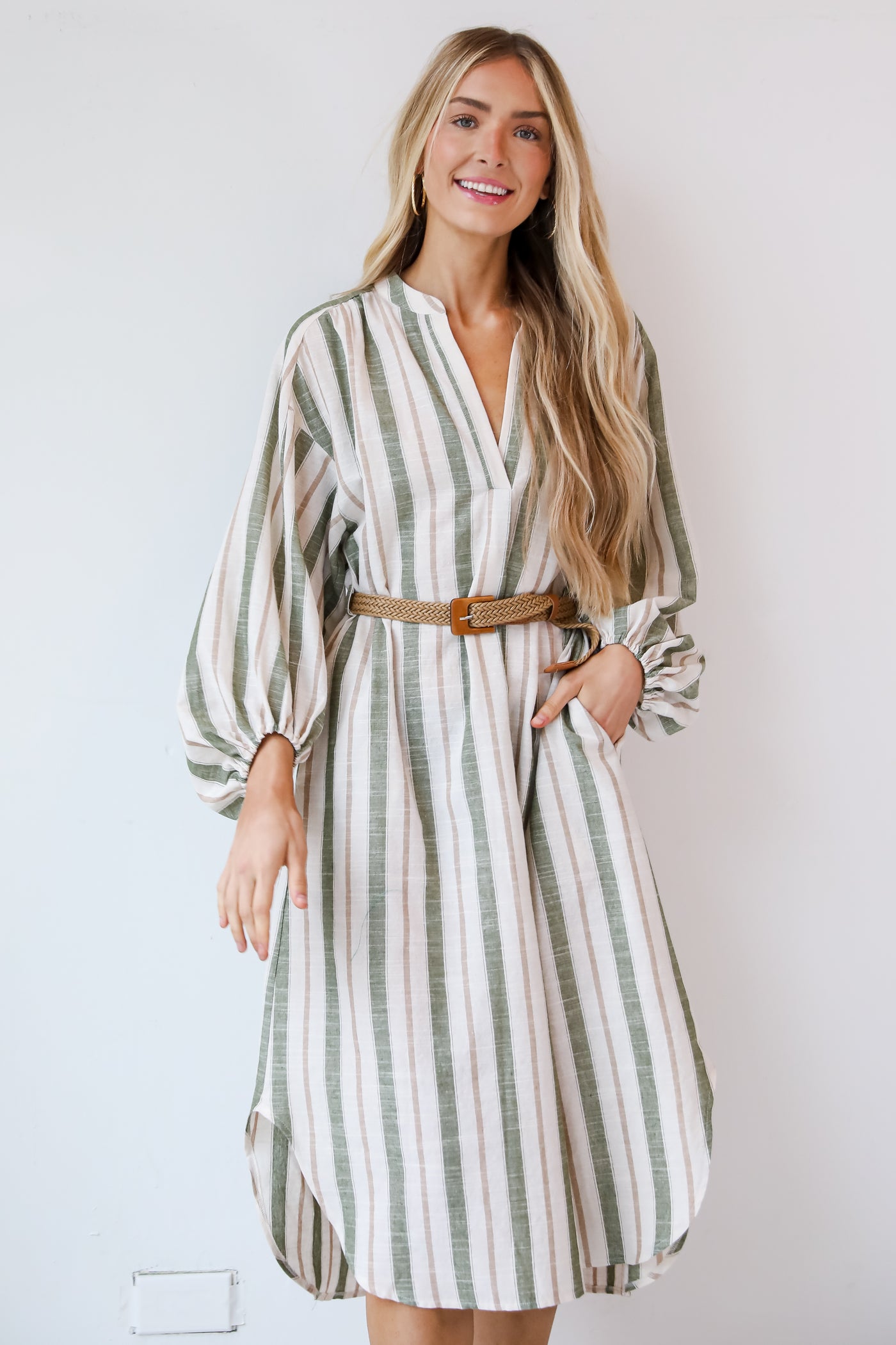 boho Olive Striped Midi Dress