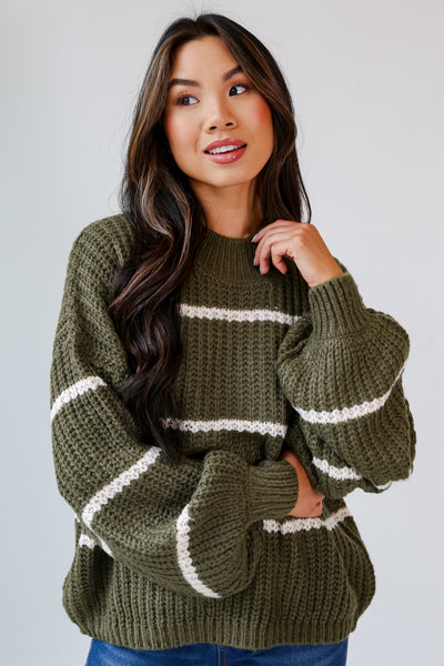 Olive Striped Oversized Sweater on model