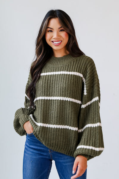 Olive Striped Oversized Sweater front view