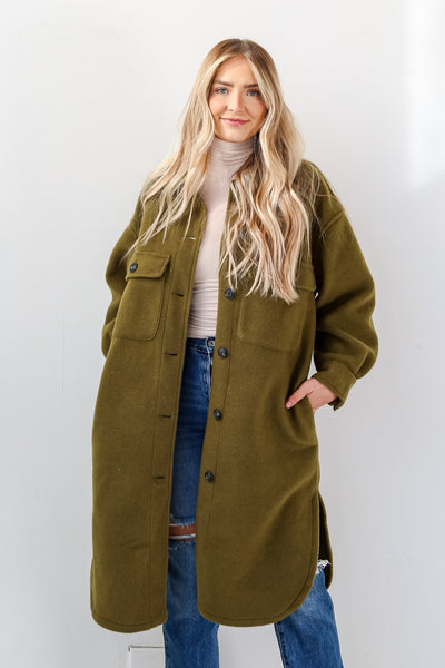 Olive Teddy Coat front view