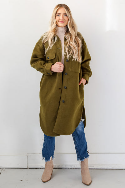 Olive Teddy Coat on model
