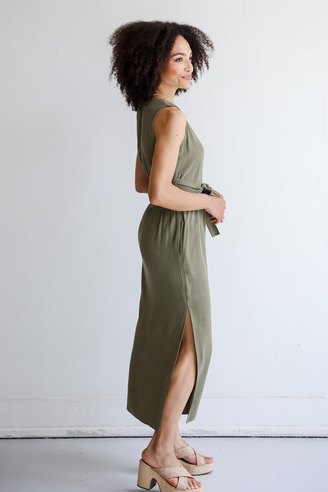 Olive Linen Tie-Front Maxi Dress