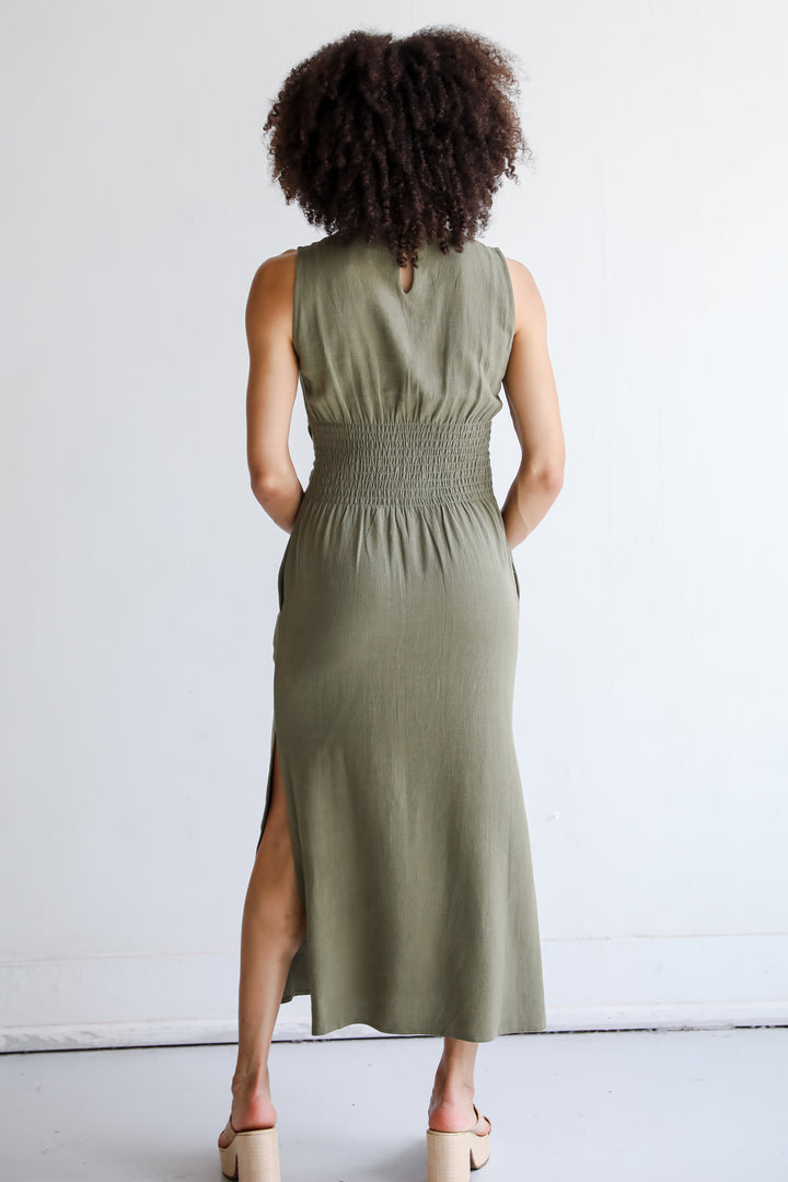 Olive Linen Tie-Front Maxi Dress