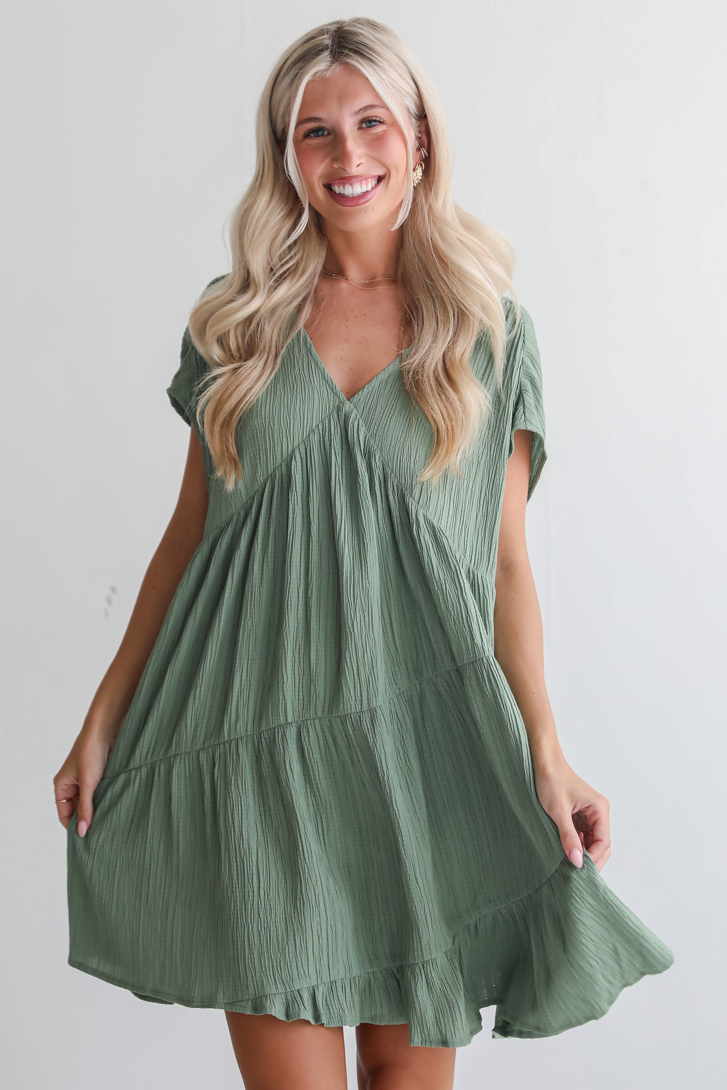 Pleasant Personality Olive Tiered Mini Dress