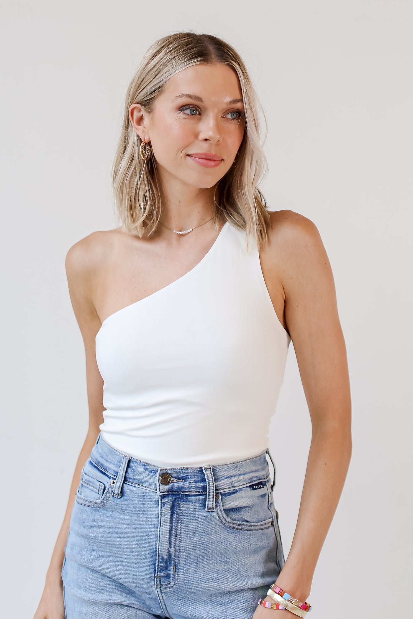 white One-Shoulder Bodysuit front view