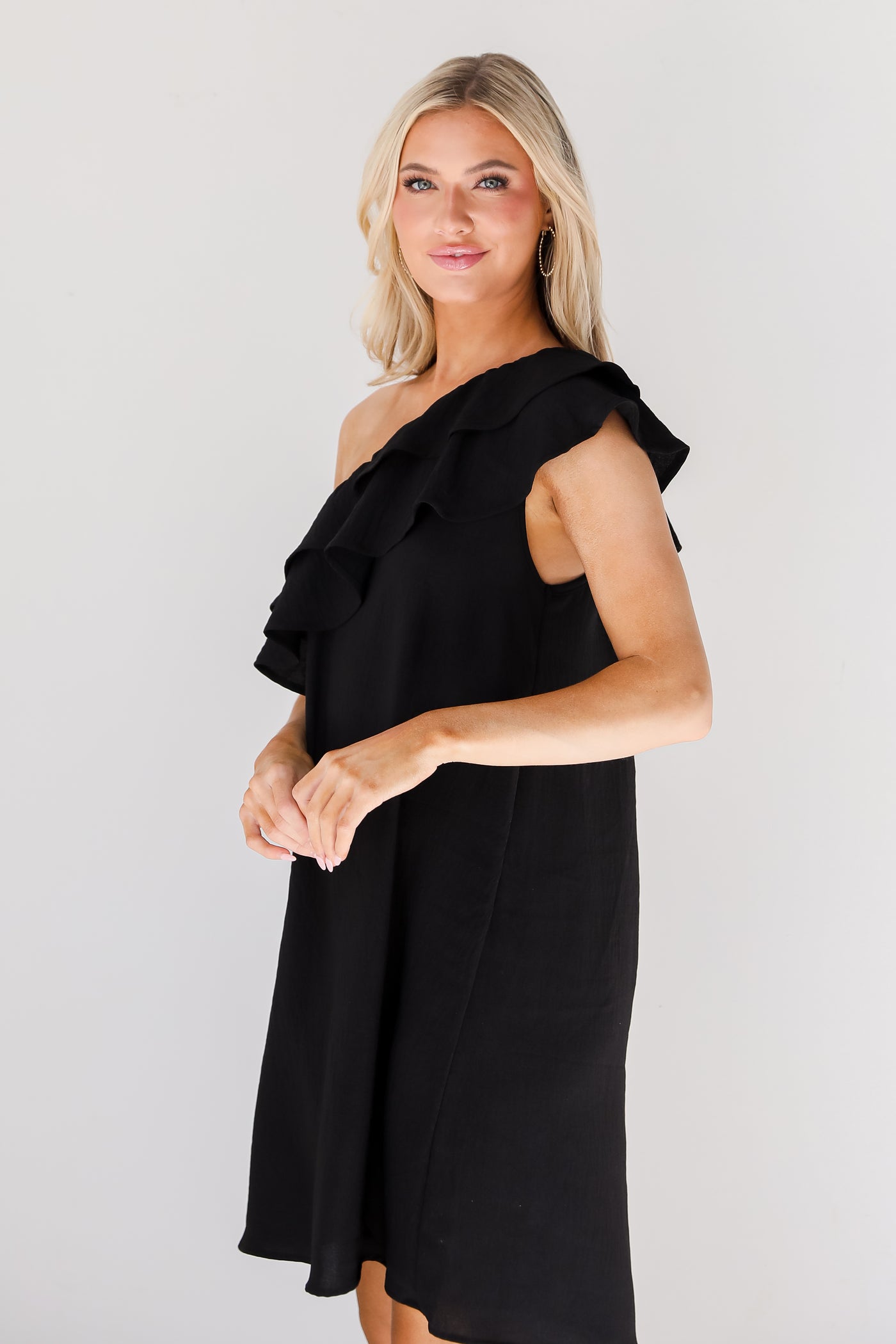 black One-Shoulder Mini Dress side view