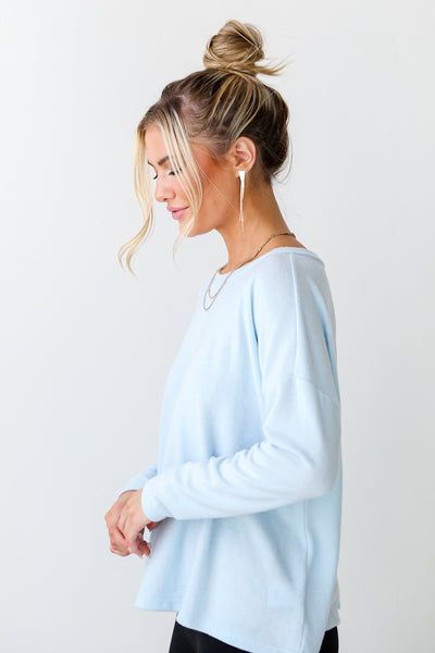 blue Brushed Knit Open Back Pullover side view
