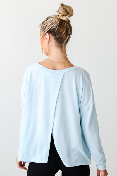 blue Brushed Knit Open Back Pullover back view