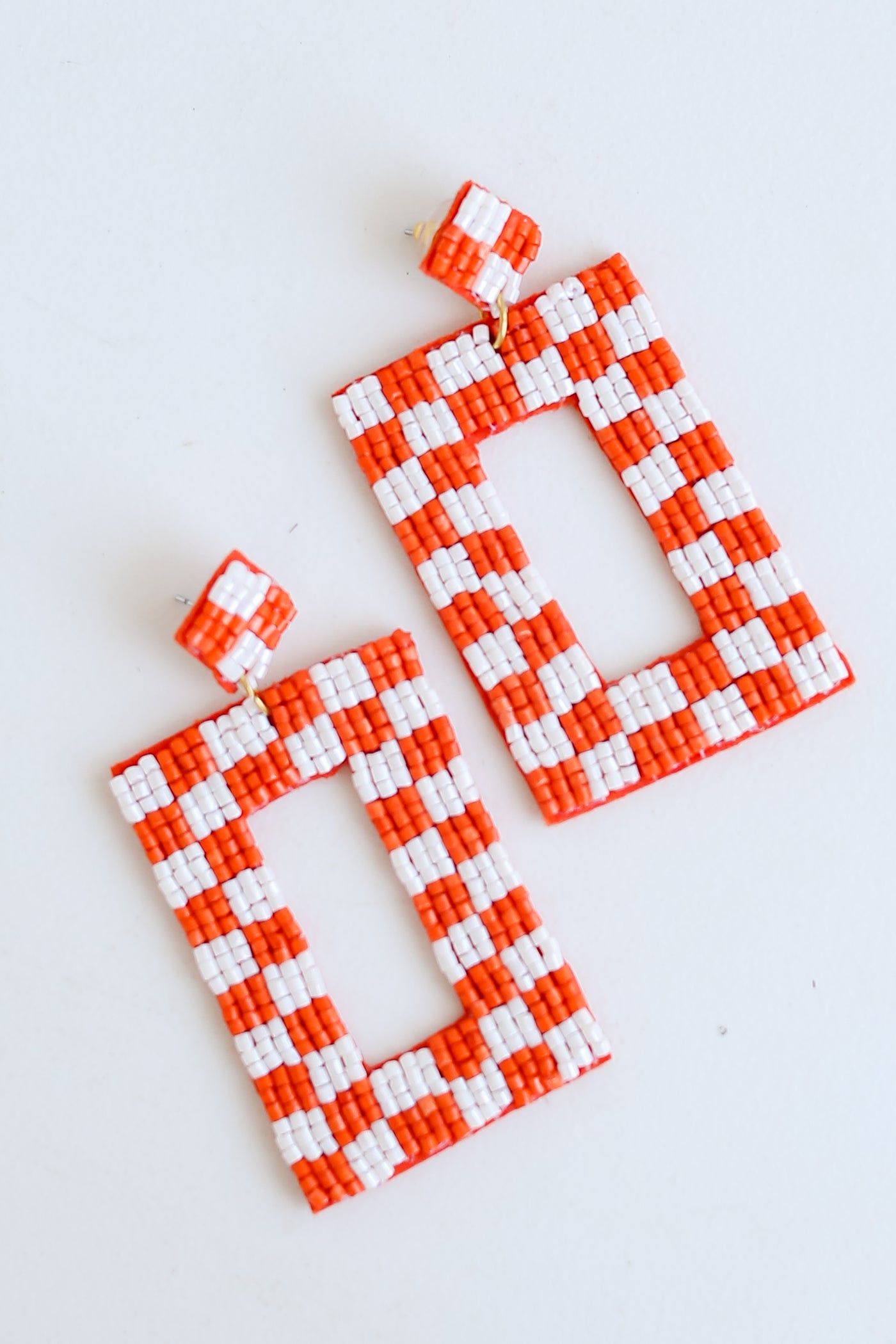 Orange + White Checkered Beaded Statement Earrings