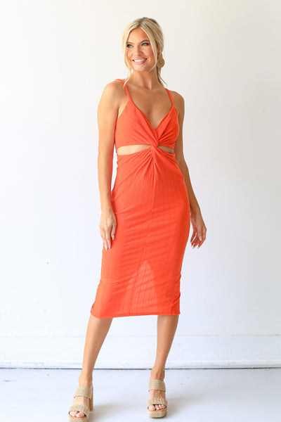 orange Cutout Midi Dress on dress up model