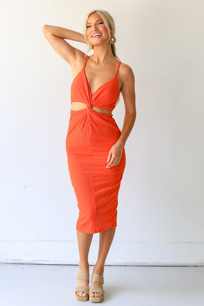 orange Cutout Midi Dress on model