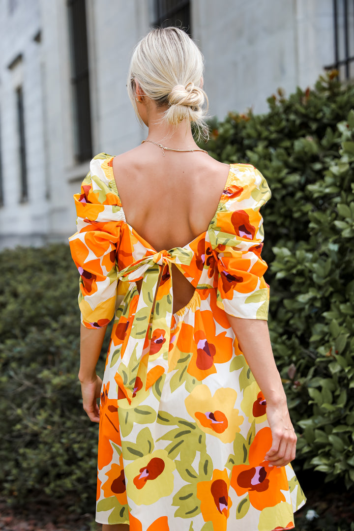 Unique Blooms Orange Floral Babydoll Mini Dress