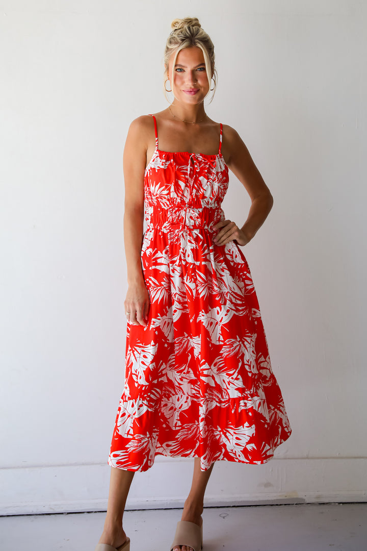 Perfect Paradise Orange Tropical Print Midi Dress