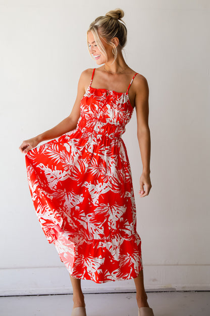 Perfect Paradise Orange Tropical Print Midi Dress