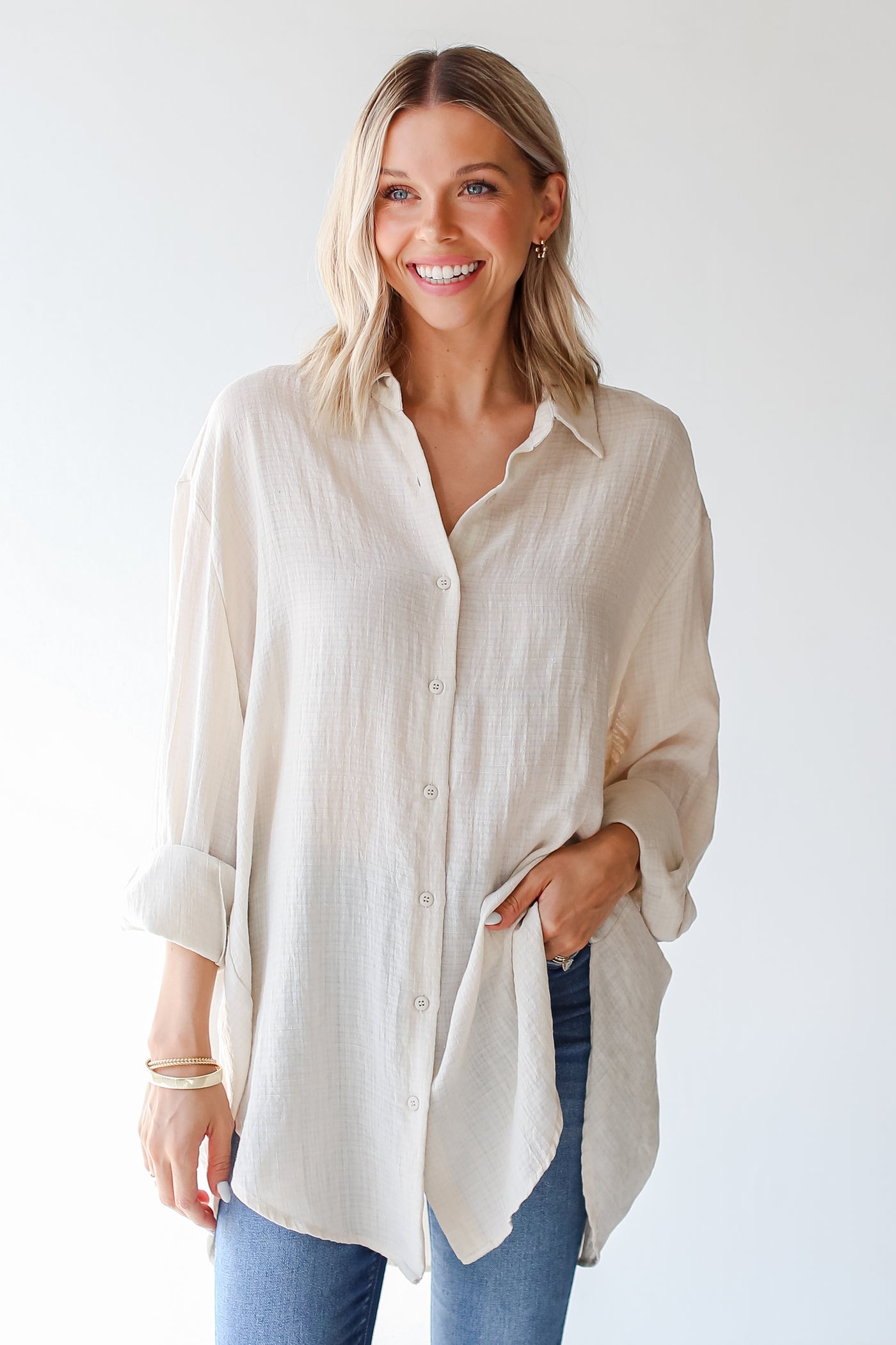 beige Oversized Button-Up Blouse