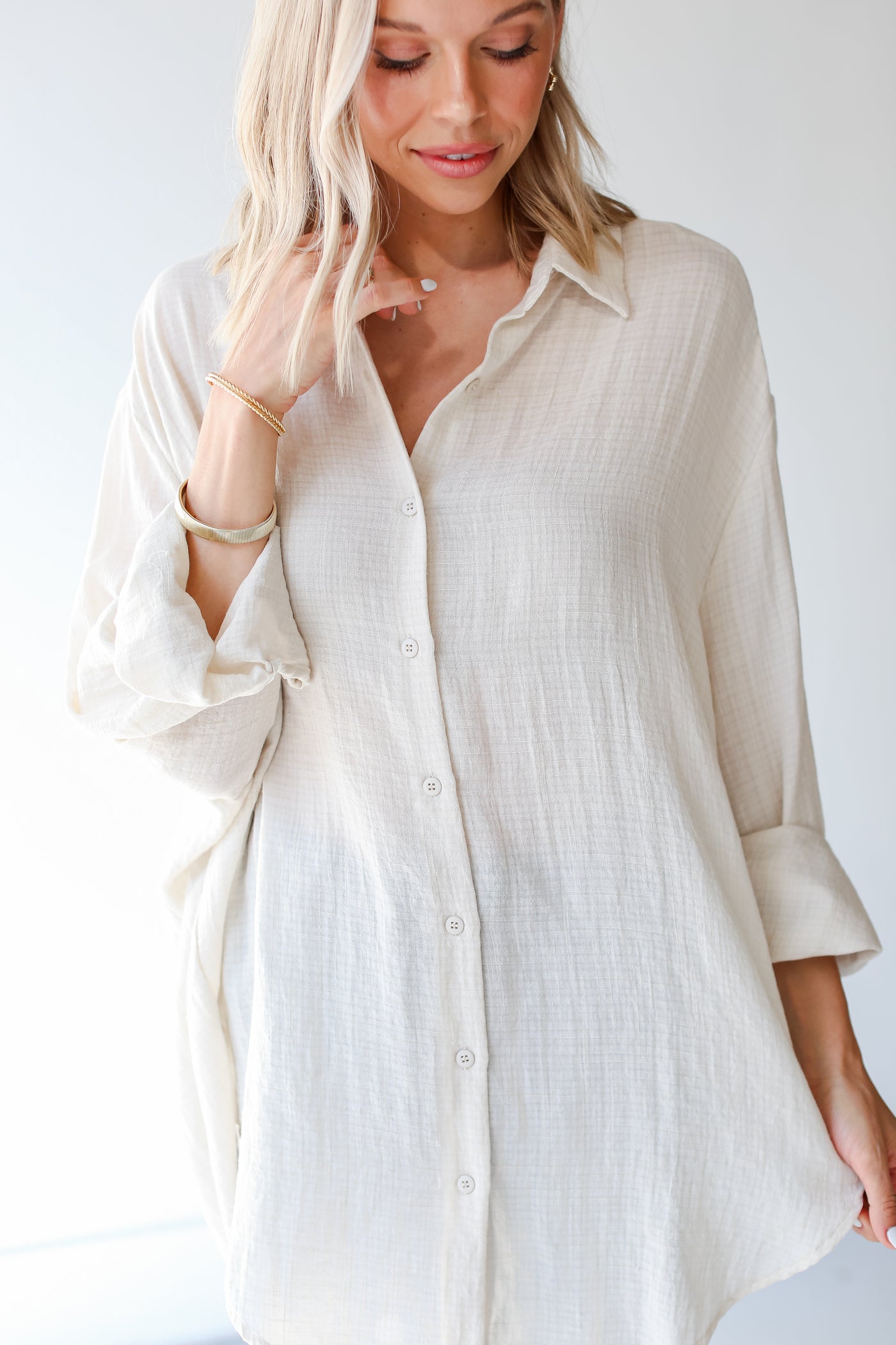 cute beige Oversized Button-Up Blouse
