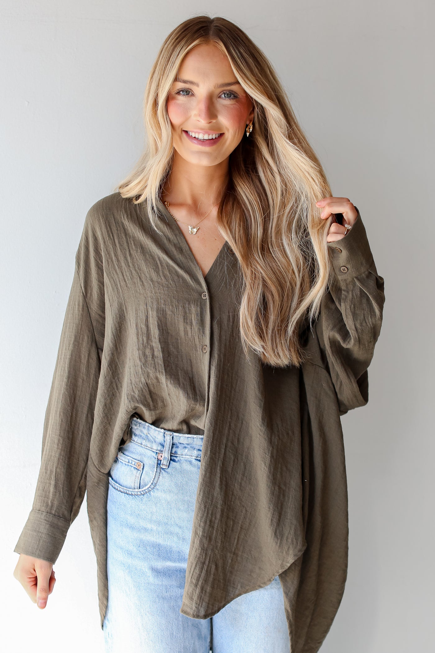 olive Oversized Button-Up Blouse