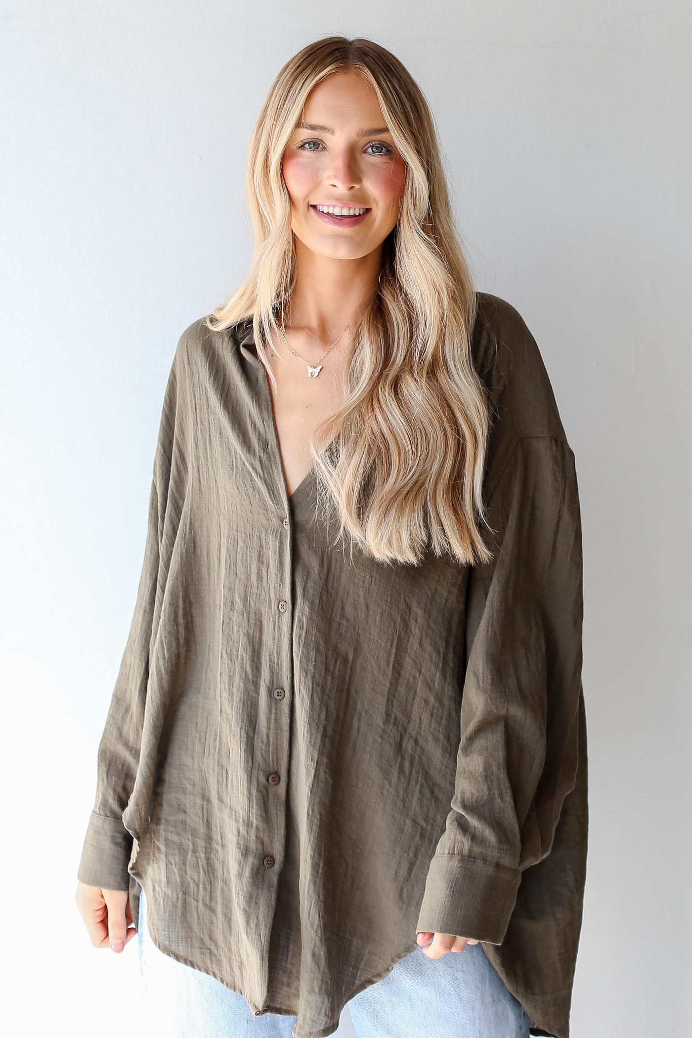 olive green Oversized Button-Up Blouse