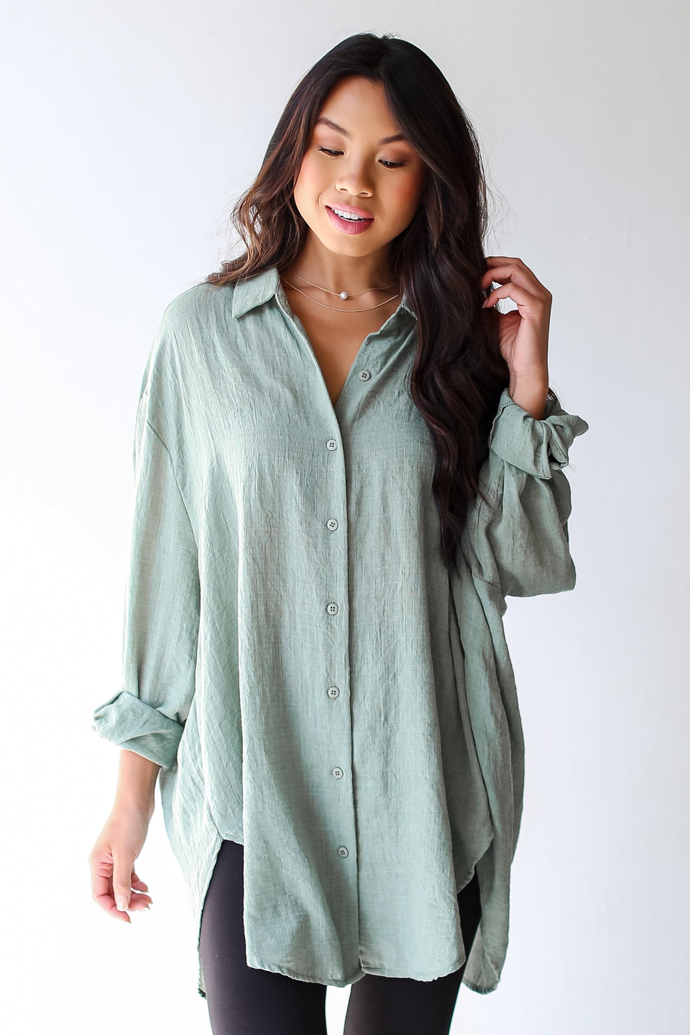 sage Oversized Button-Up Blouse