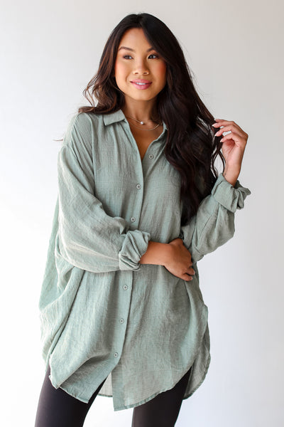 sage green Oversized Button-Up Blouse