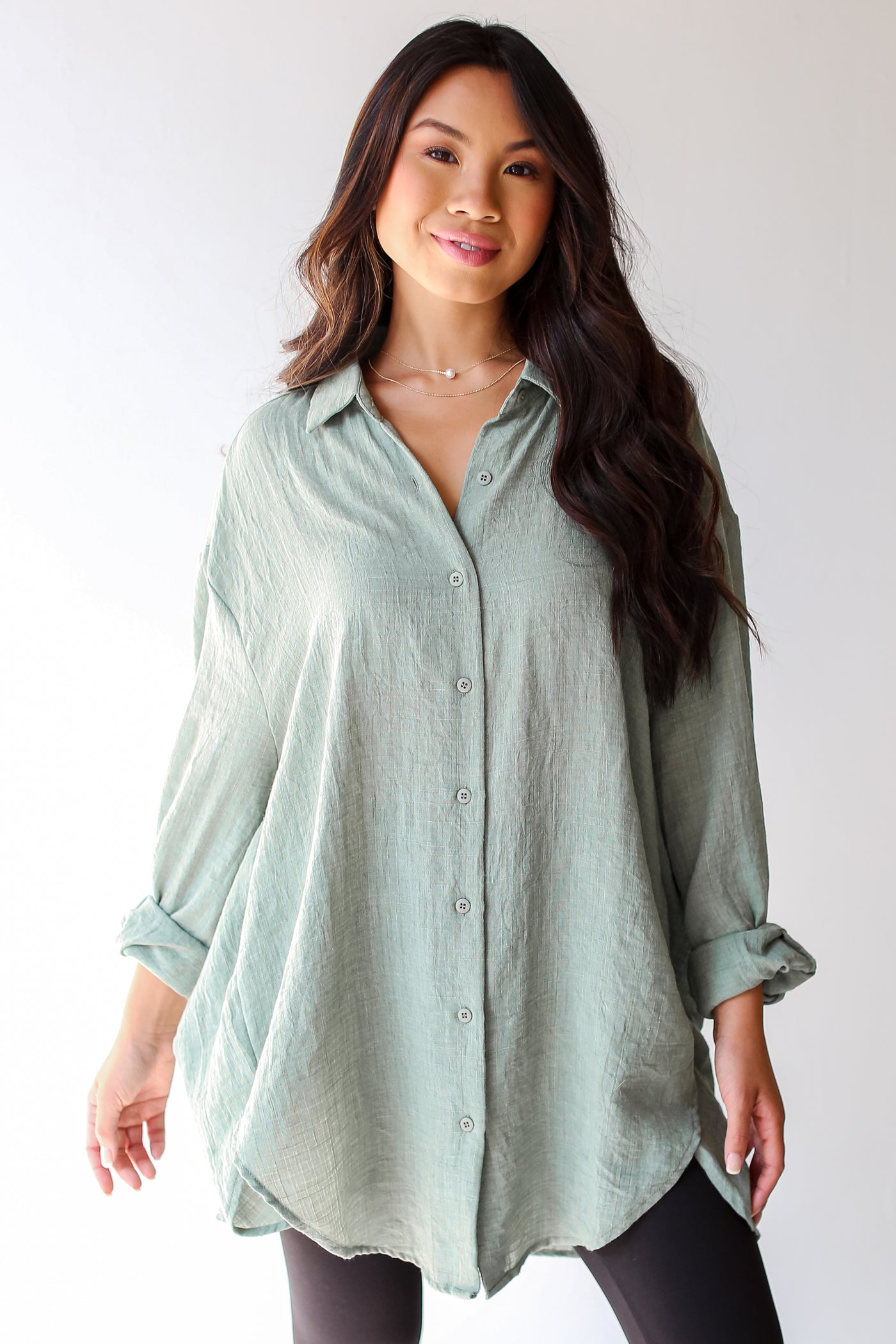 cute sage Oversized Button-Up Blouse