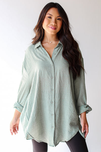 cute sage Oversized Button-Up Blouse