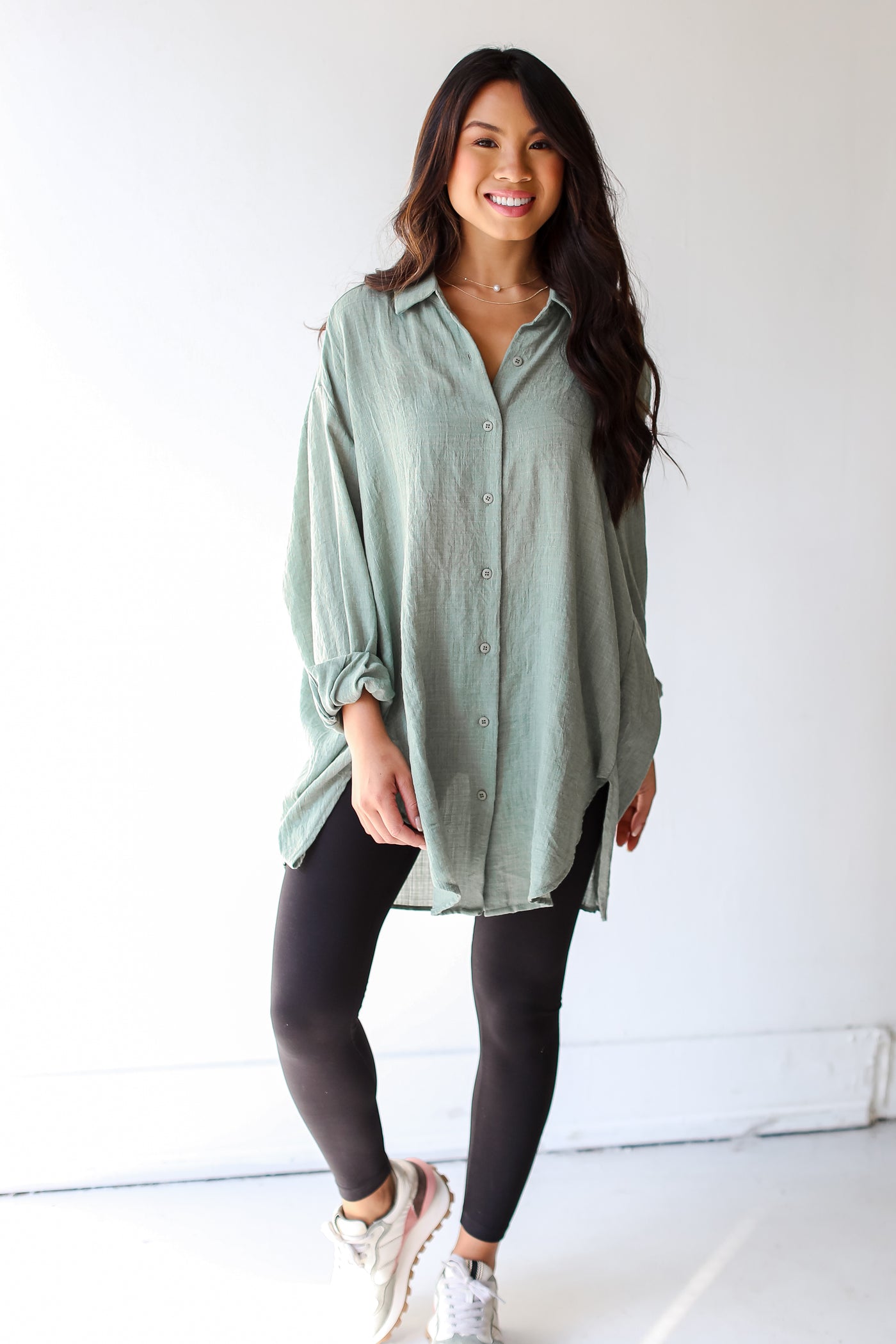 trendy sage Oversized Button-Up Blouse