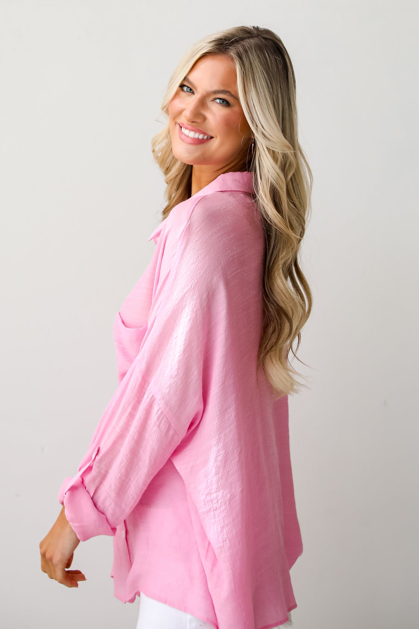 Kelsey Oversized Button-Up Blouse in pink 