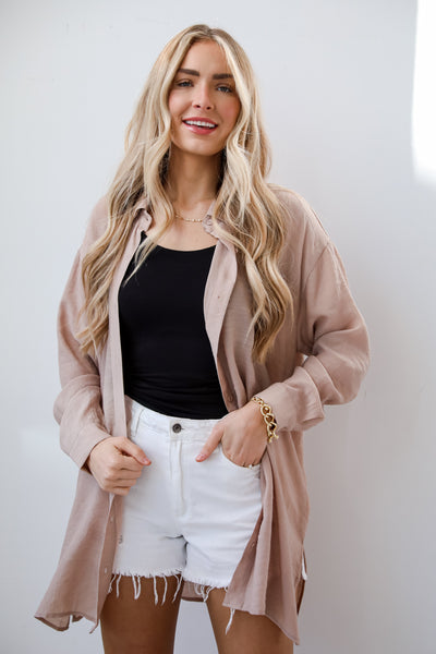 taupe Oversized Button-Up Blouse on model