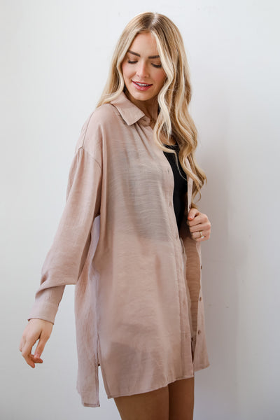taupe Oversized Button-Up Blouse for women