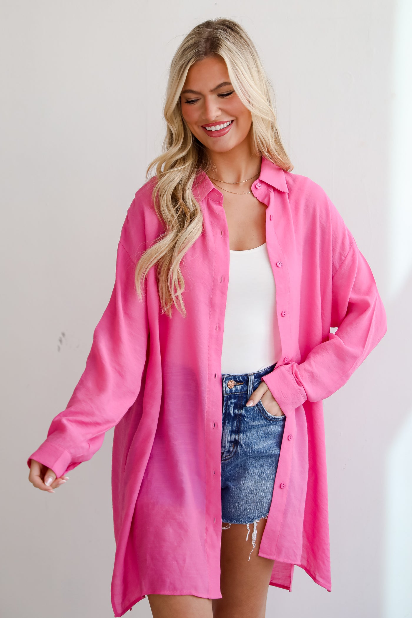pink Oversized Button-Up Blouse for women