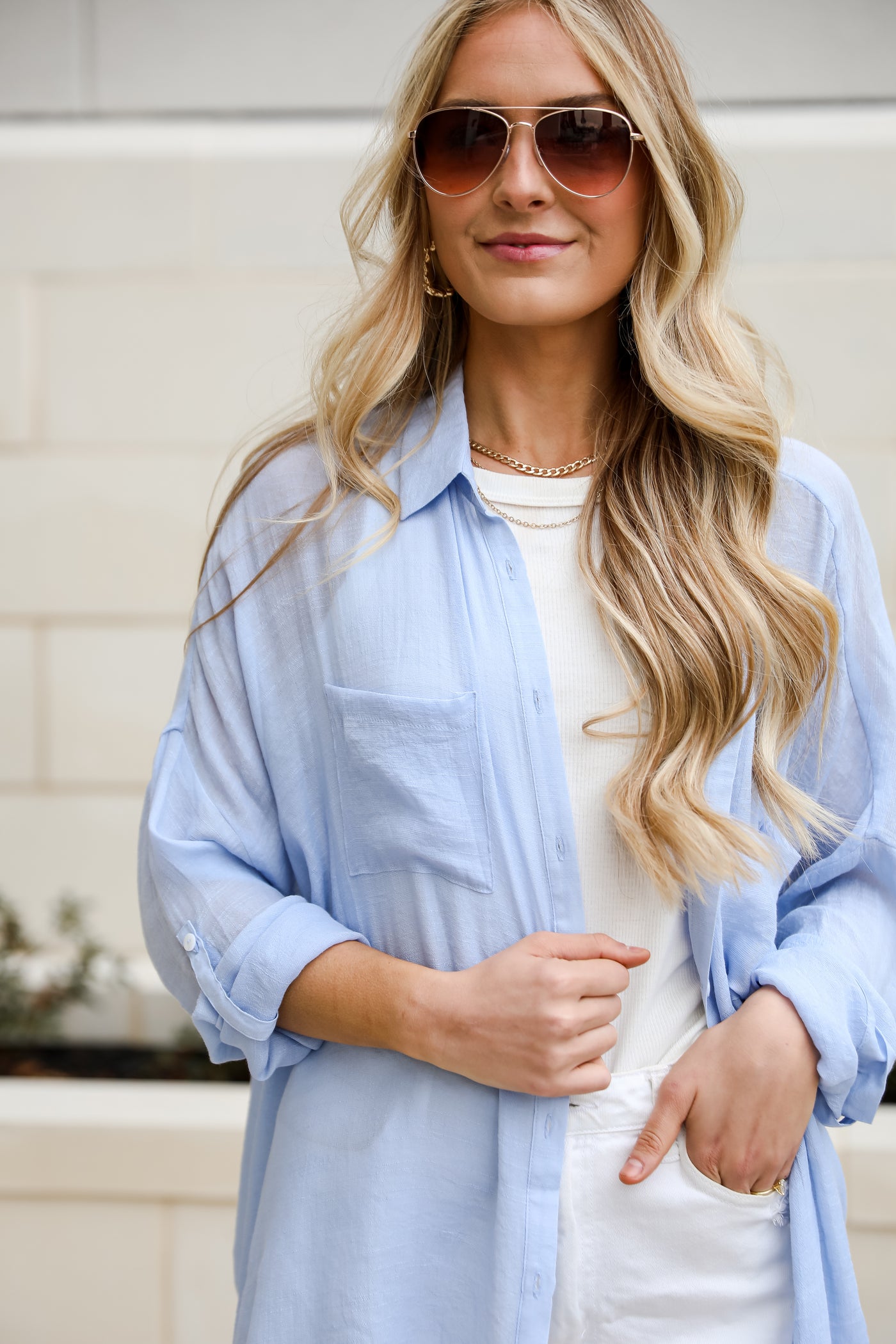 Kelsey Oversized Button-Up Blouse. Cute Blue Top For Summer