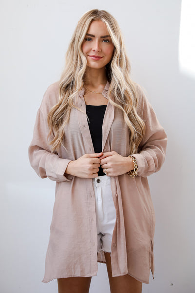 taupe Oversized Button-Up Blouse for women