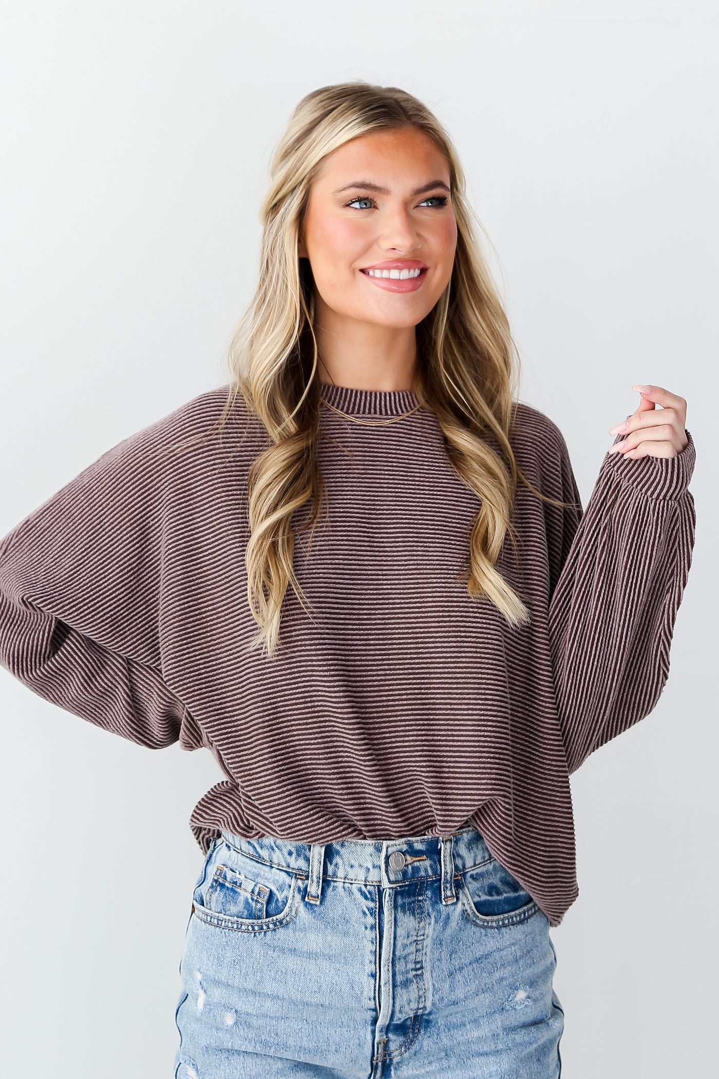 Brown Oversized Corded Top on model