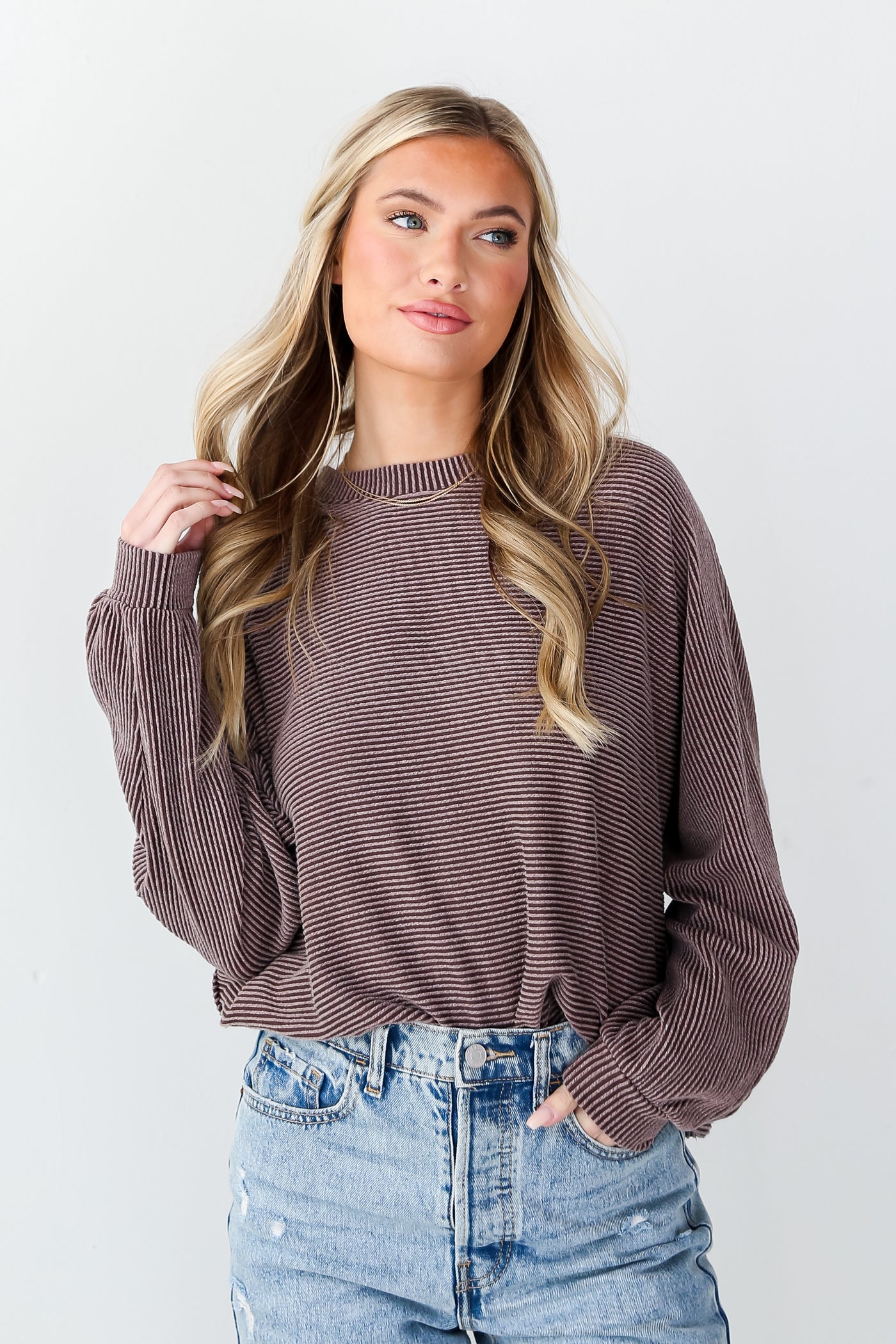 Brown Oversized Corded Top front view