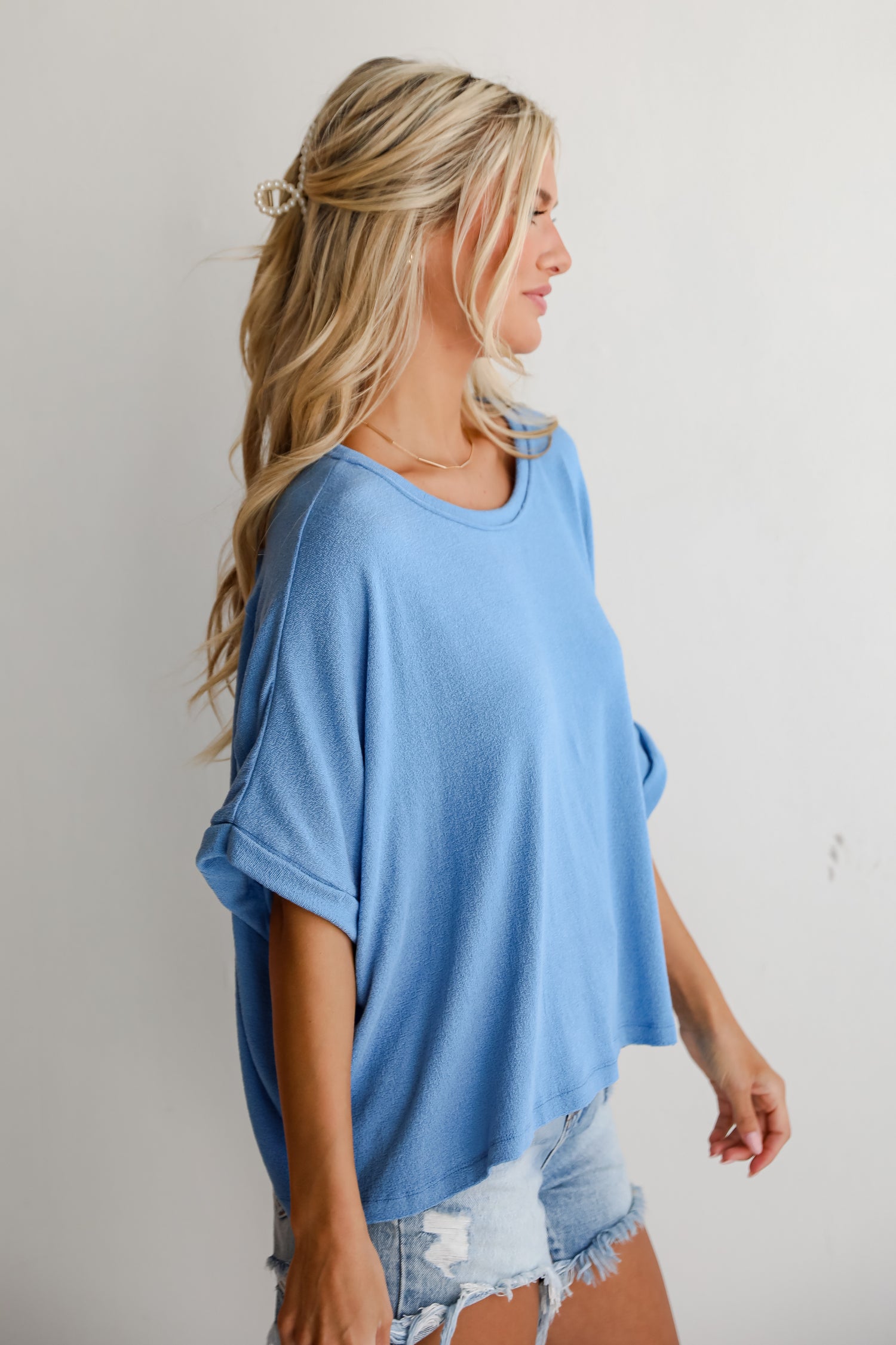 oversized blue Short Sleeve Knit Top