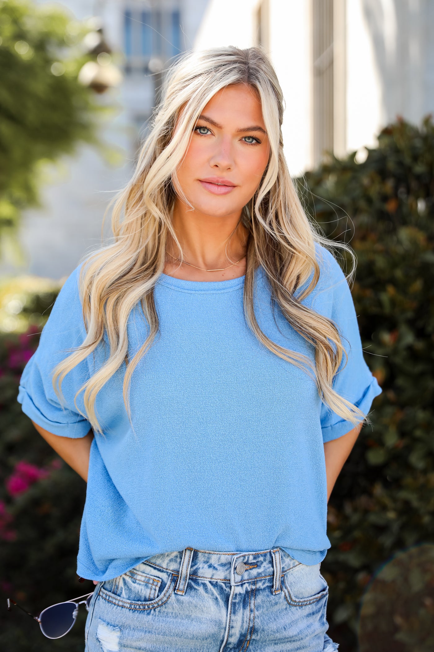 casual blue Short Sleeve Knit Top