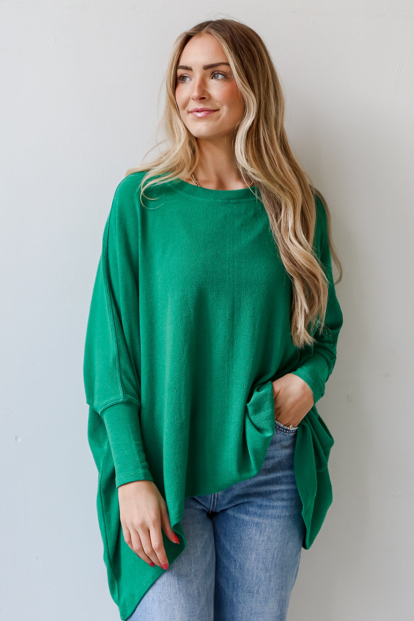 green Lightweight Knit Oversized Top front view