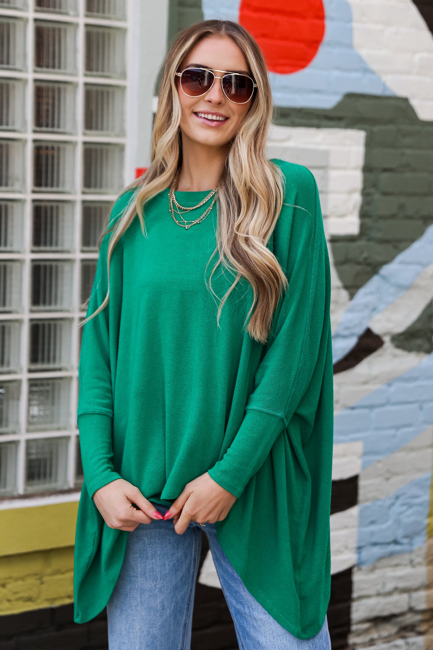 casual green Lightweight Knit Oversized Top