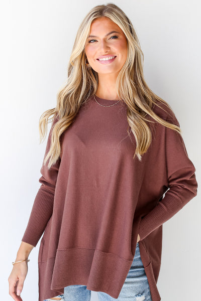 brown Lightweight Knit Sweater front view