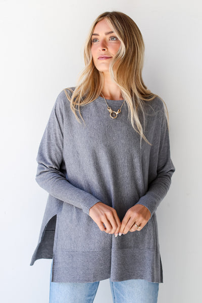 grey Lightweight Knit Sweater front view