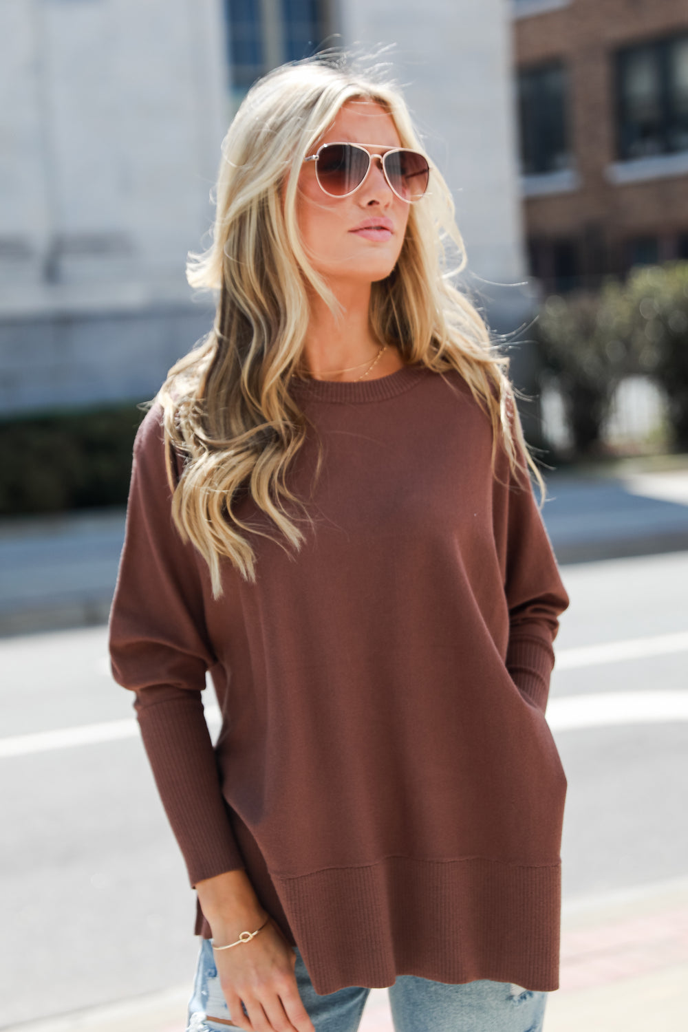 brown Lightweight Knit Sweater on model
