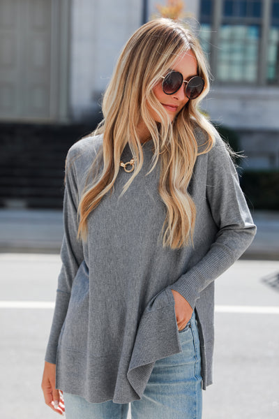 grey Lightweight Knit Sweater on model