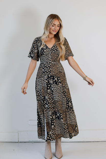 cute Black Floral Patchwork Maxi Dress