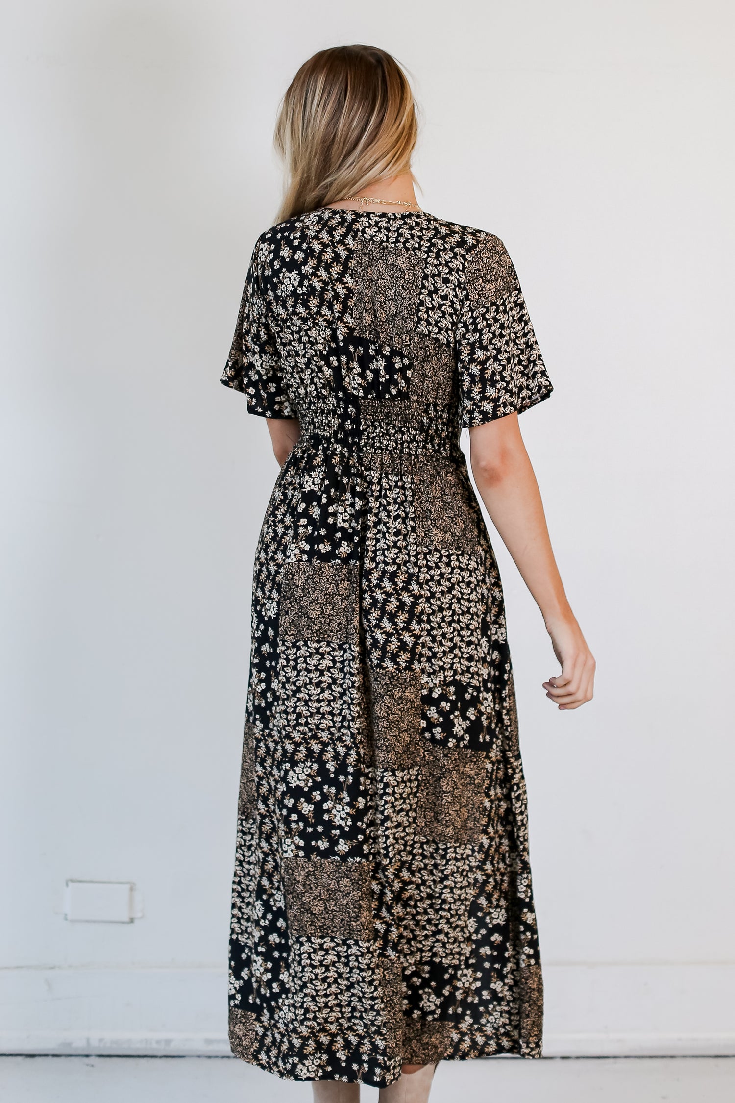 Black Floral Patchwork Maxi Dress back view