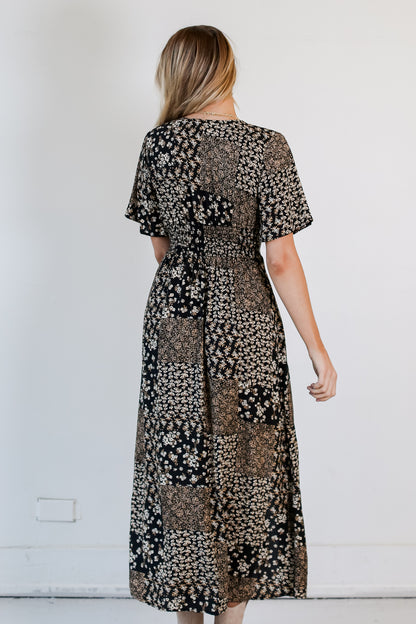 Black Floral Patchwork Maxi Dress back view